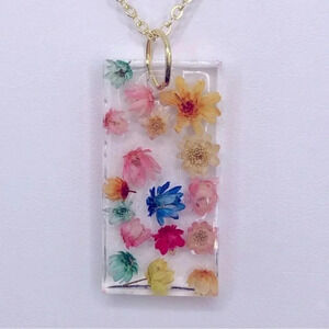 Handmade Real Colorful Dried Flowers Floral Rectangle Prairie Gold Necklace New